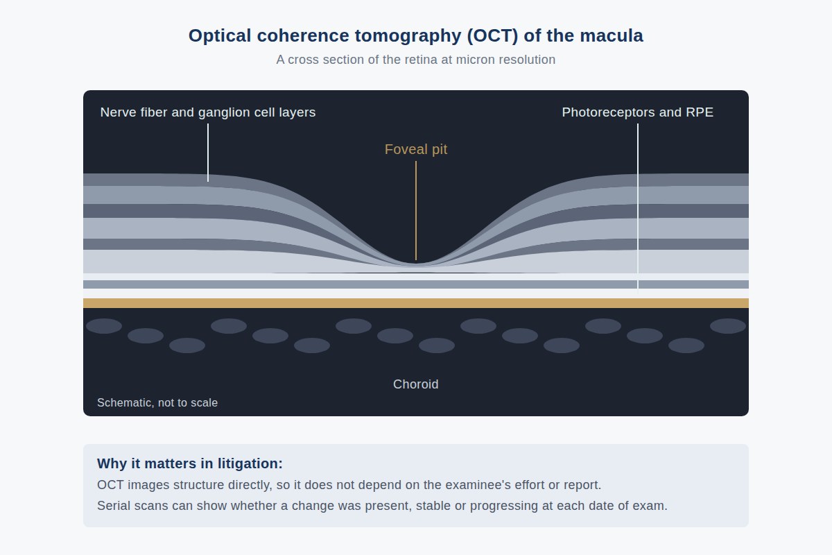 Schematic optical coherence tomography cross section of the macula showing the retinal layers, the foveal pit where the inner layers thin, the photoreceptor and retinal pigment epithelium bands, and the choroid beneath