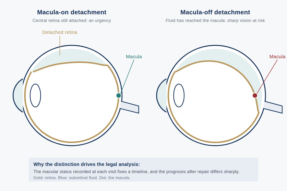 Schematic cross sections of two eyes comparing a macula-on retinal detachment, where the superior retina is lifted by subretinal fluid but the macula remains attached, with a macula-off detachment, where the fluid has extended under the macula