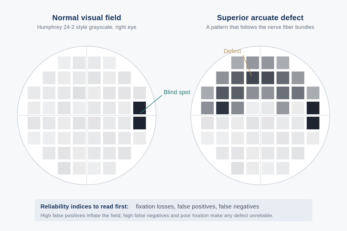 Schematic of two Humphrey 24-2 style grayscale visual field plots for a right eye: a normal field with the physiologic blind spot, and a superior arcuate defect that follows the nerve fiber bundles, with a note on reliability indices